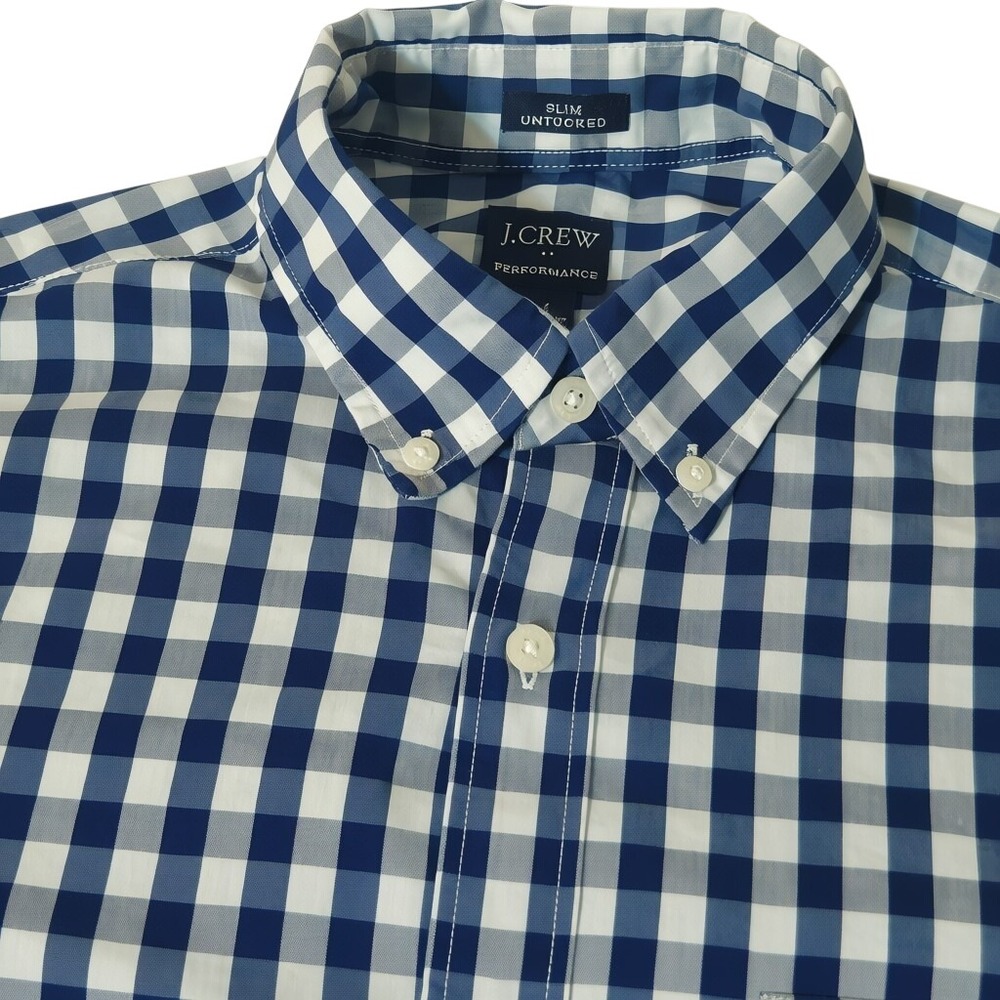 J.Crew Button Down Mens Medium Blue Gingham Slim Untucked Performance Shirt - Picture 2 of 8